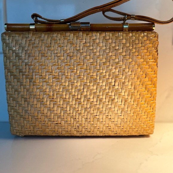 Vintage Woven Rattan Italian Hand bag Boho Chic Bamboo and Leather Handles - Picture 2 of 16